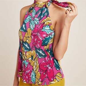 Anthropologie Maeve Glocester Floral Micro Pleated Tie Neck Blouse Top Size M